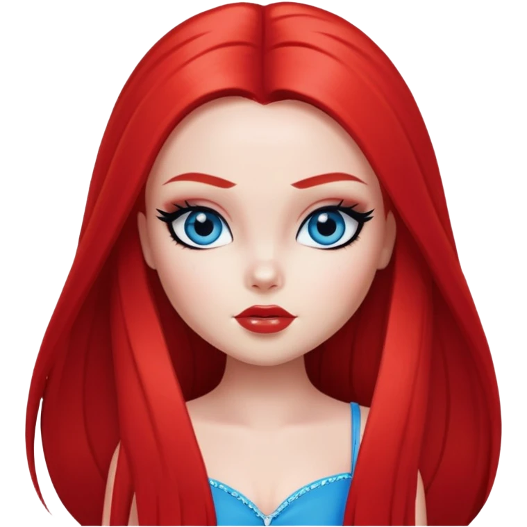 pretty bratz girl, bright red straight long hair, blue eyes, black eyeliner, white skin emoji