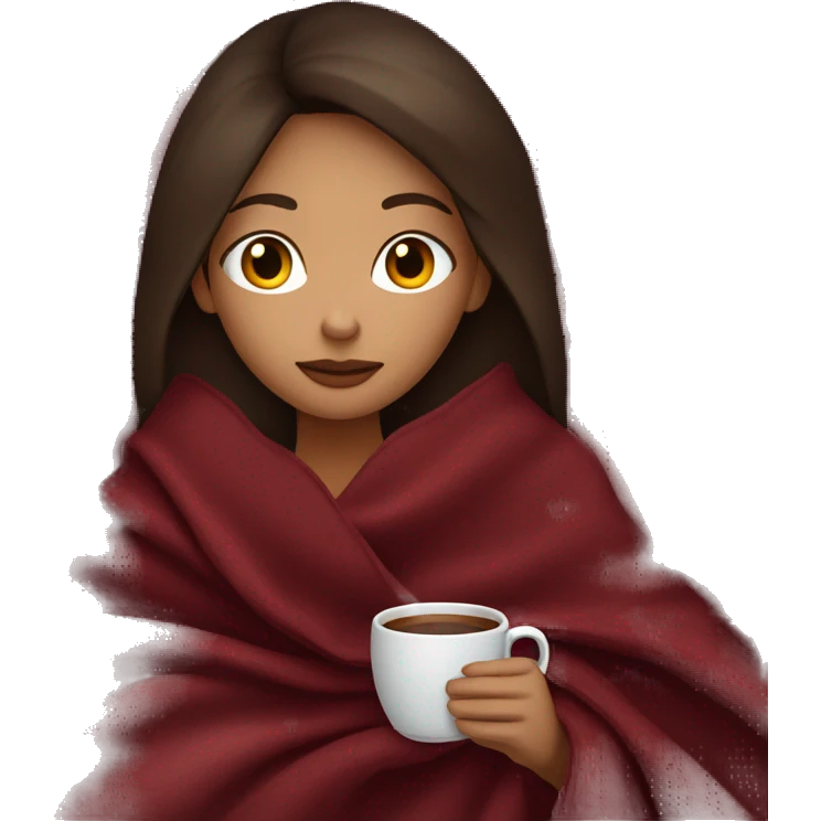 Brunette girl inside a maroon blanket sipping coffee eyes closed emoji