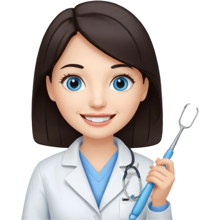 сгенерируй девушку стоматолога с профильными для нее предметами с темными волосами и голубыми глазами еще emoji