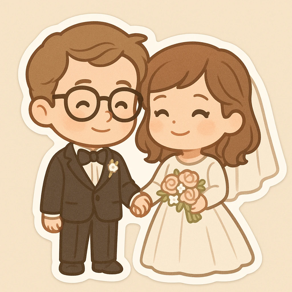 Georgie and Mandy inspired by the reference photo, in wedding outfits, cartoon style, wedding scene, chibi stickers style emoji
