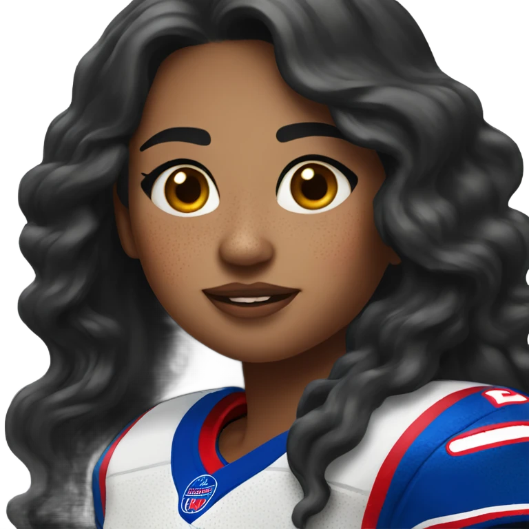 Girl with long black hair and freckles wearing buffalo bills jersey emoji
