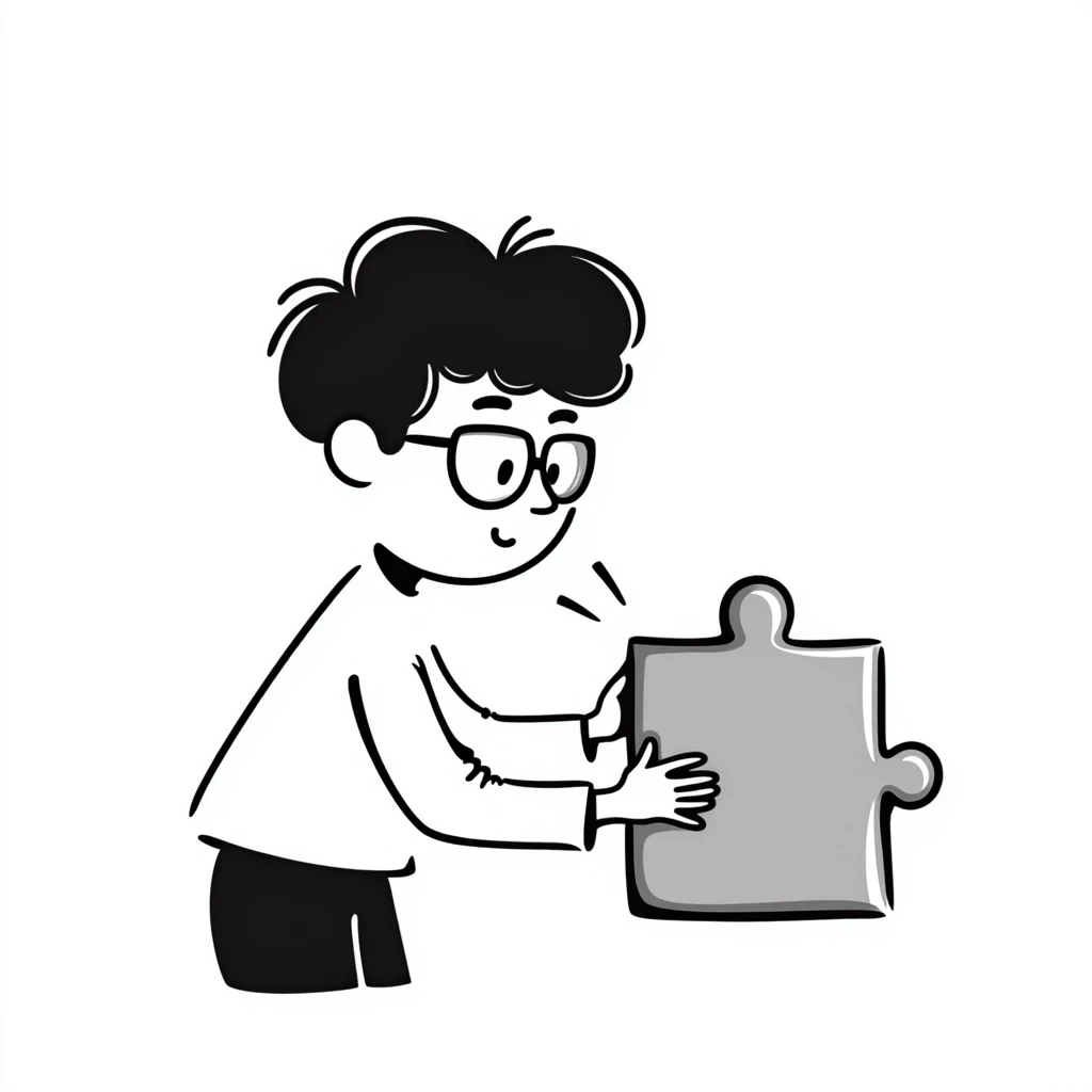 hand-drawn genius boy with wild hair, glasses, and a puzzle piece symbol emoji