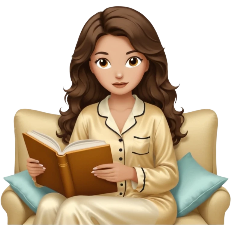 Woman with brunette hair light tanned skin reading on sofa. Long wavy hair. Beige ivory colours. Silk pyjamas. Realistic. Foxeye with lashes. Glamorous makeup emoji