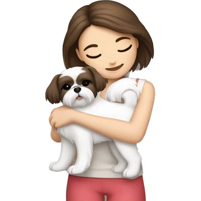 Brunette girl hugging her white Shih tzu emoji