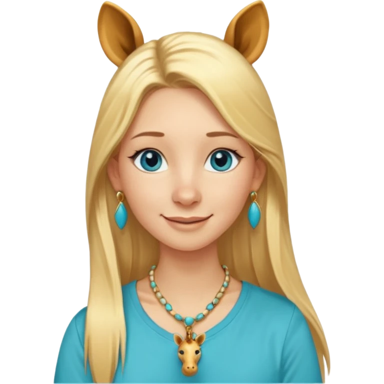 Swedish girl blonde long straigt hair blue eyes turqoise shirt gold earings, girrafe necklace gold small, long lashes smiling closed mouth emoji