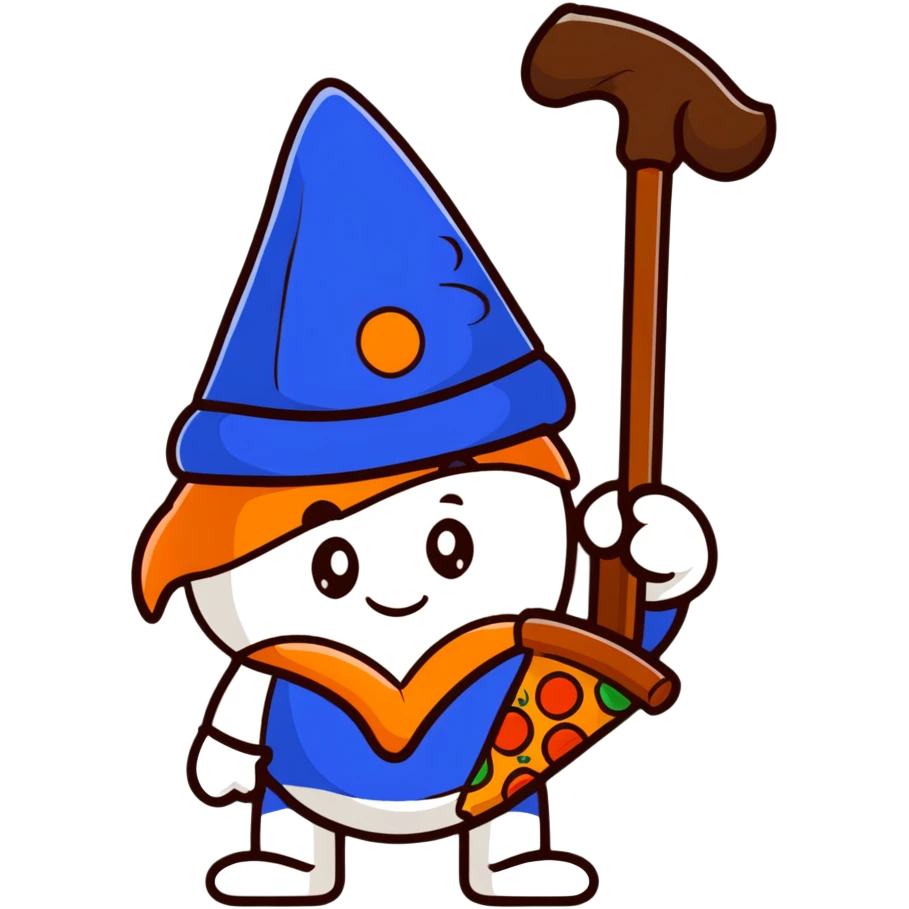 pizza wizard with wooden staff and blue hat emoji