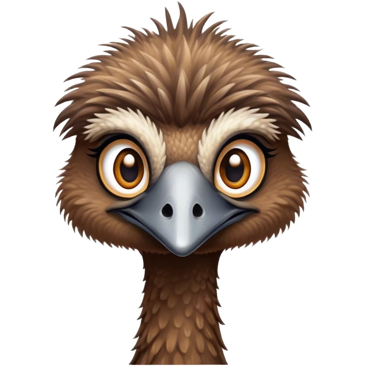 Cinematic Cute Emu Portrait Emoji, Head tilted playfully and inquisitively, featuring a glossy, textured brown plumage with a perky head and round, sparkling eyes full of curious wonder, Simplified yet irresistibly adorable features, highly detailed, glowing with a warm, friendly glow, high shine, affectionate and lively, stylized with a touch of outback whimsy, bright and endearing, soft glowing outline, capturing the essence of a mischievous yet loving emu, so playful it feels like it could gallop out of the screen into your arms! emoji