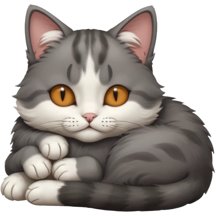 dark grey and white small cat with his eyes closed leaning his head on his paw while lying down emoji