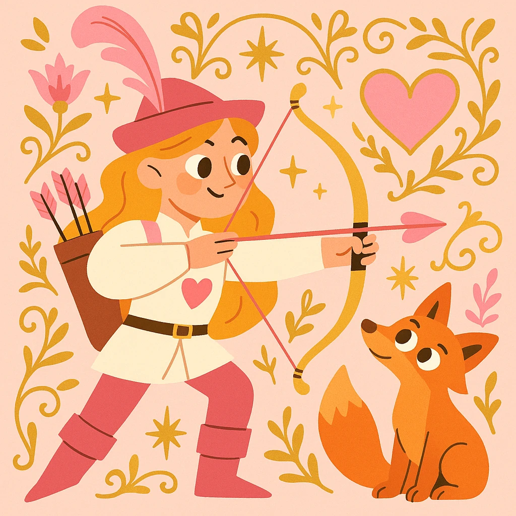 archer and fox together, ornate fairytale illustration, pink and gold accents, dreamy mood, inspired by 'Once Upon a Broken Heart' emoji