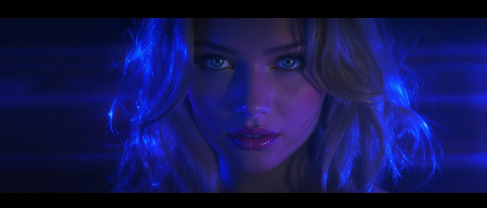 Extreme Closeup photo of a beautifull woman, cinematic light, Blue light ambient light, back light, 8K, very detailed, sharp emoji