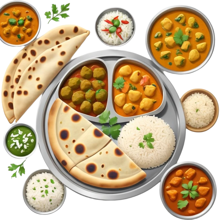 Indian food thali with curry, naan bread, and rice emoji