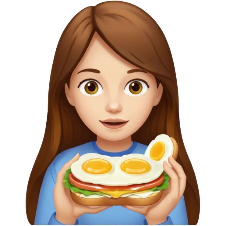 Girl with brown long hair eating egg sandwich emoji