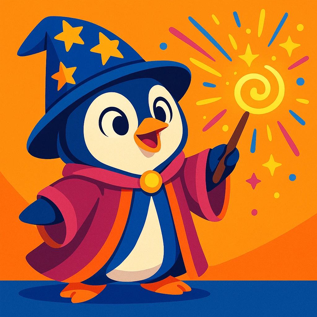 cute penguin wizard casting a spell, wearing robe and holding wand, colorful cartoon style emoji