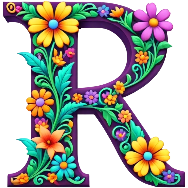 3D, gothic style psychedelic colored capital Letter L with hippie style flower border emoji