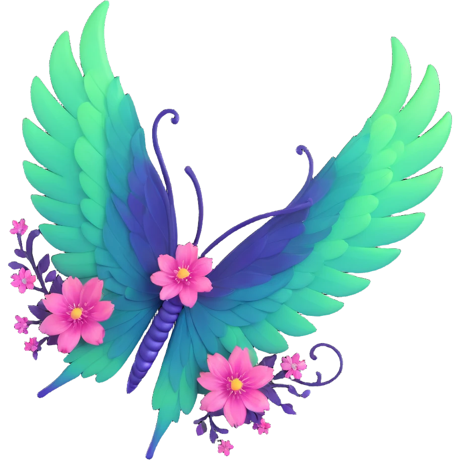 fantastical butterfly, vibrant #c0ff53 green wings with deep purple edges, glowing, intricate veins, shimmering textures, pink flowers on wing edges, pink dust cloud, magical sparkles, light bursts, floating pastel orbs, deep blue sleek body, 3D cartoon, elegant, filled with wonder emoji