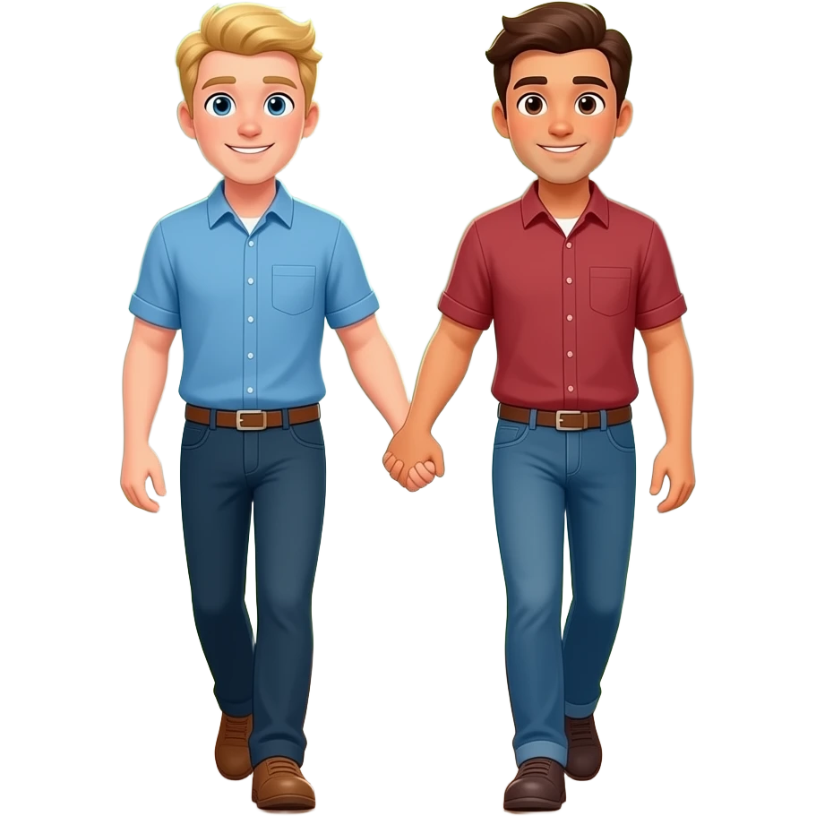 Make a gay couple on a Date , one has light Skin with Blond Hair and Blue Eyes, the other one has slightly brown skin witz dark Brown Hair and Brown Eyes. They are walking through a forest and hold hand. emoji