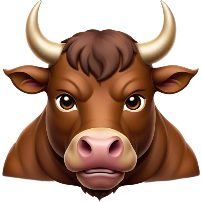 Cinematic Noble Brown Bull Portrait Emoji, Poised and regal, with a massive, muscular build and a sleek, well-groomed rich brown hide, deep-set soulful dark eyes, Simplified yet sharp and sophisticated features, highly detailed, glowing with a soft, dignified glow, high shine, intelligent and formidable, stylized with an air of strength, focused and attentive, soft glowing outline, capturing the essence of a watchful and confident guardian, so majestic it feels as though it could charge out of the screen with effortless authority! emoji