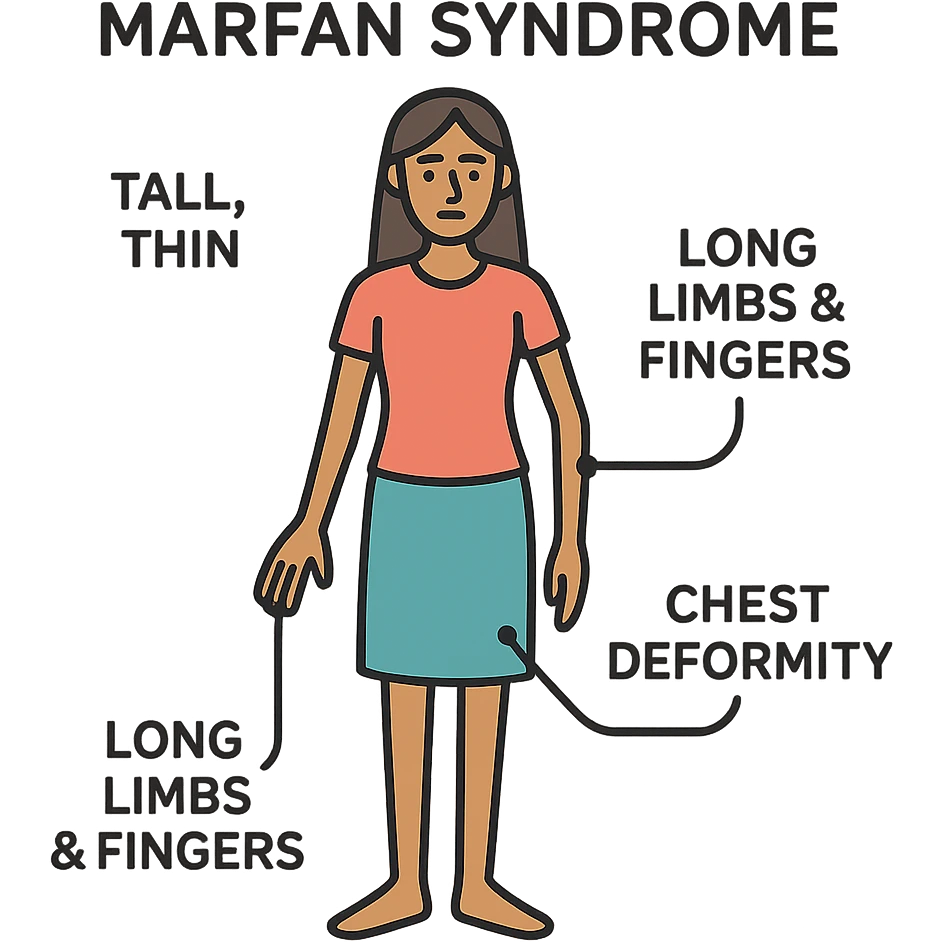 Create an educational graphic highlighting Marfan syndrome in a Latina woman. Show a tall, thin female figure with long limbs and fingers, curved spine, chest deformity, and subtle facial features. Include clear labels for each characteristic. The style should be clear, informative, and suitable for a general public audience. emoji