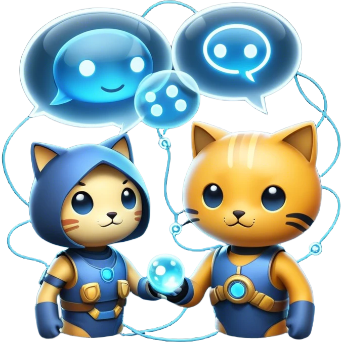 An icon representing an online multiplayer game, featuring two or more characters engaged in a virtual battle or adventure. Connected by network lines, the design includes glowing avatars, chat bubbles, and a sense of real-time interaction. Transparent background. emoji