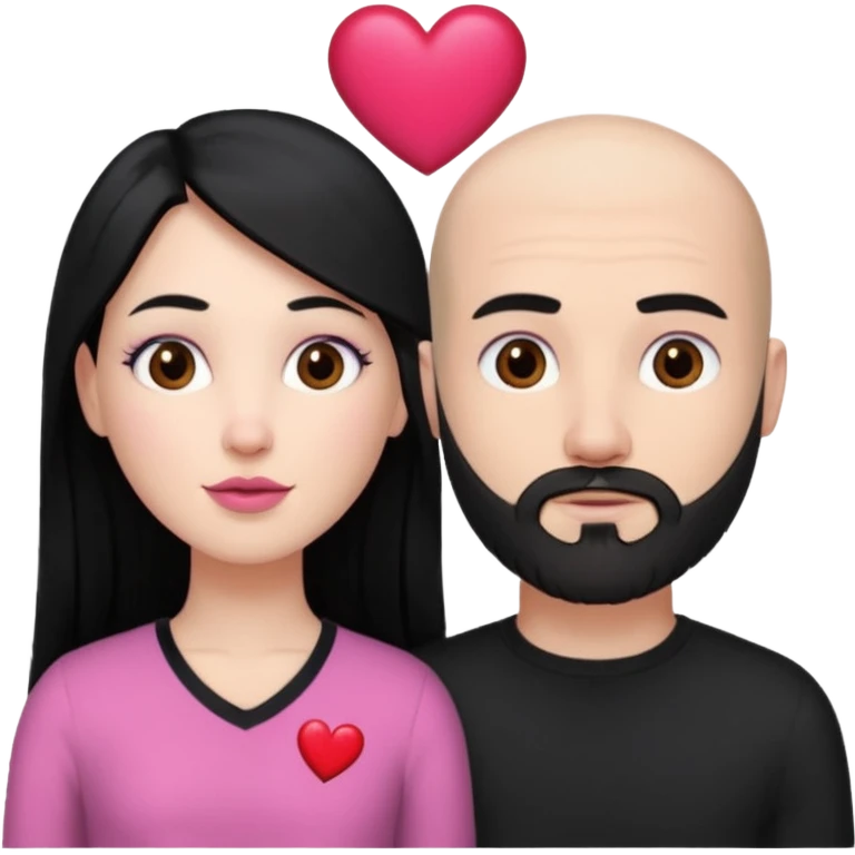 👩🏻‍❤️‍💋‍👨🏻 this one but the man should be bald. white woman with long black hair and white bald young man whoitiut hair and a heart between their heads. she has pink lips and both have brown eyes. he has e full beard but short. both wear black  emoji
