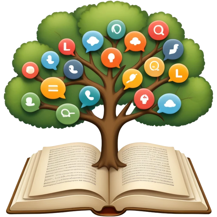 An icon featuring an open book, a speech bubble, and a linguistic tree, symbolizing philology and linguistics. The design includes alphabets, language symbols, representing the study of language, structure, and meaning. Transparent background highlights language research and analysis. emoji