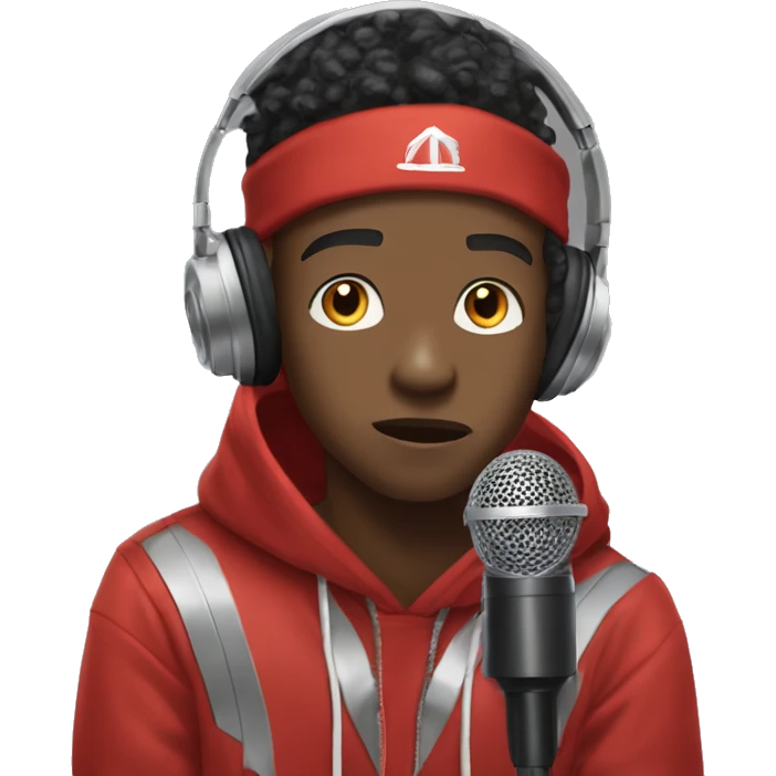 Young Black Rapper With silver headphones and a red hoodie, he grips the microphone, leaning in with intent. His gaze is focused, capturing a mix of confidence and passion as he prepares to sing. emoji