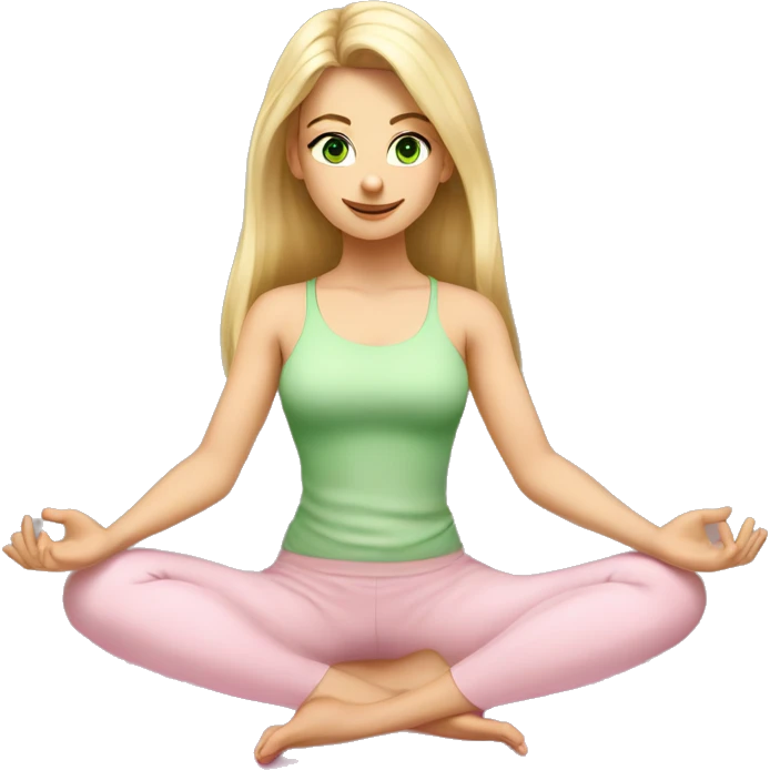 blonde long hair and green eyes yoga beautiful girl in light pink clothes sitting on a yoga mat emoji
