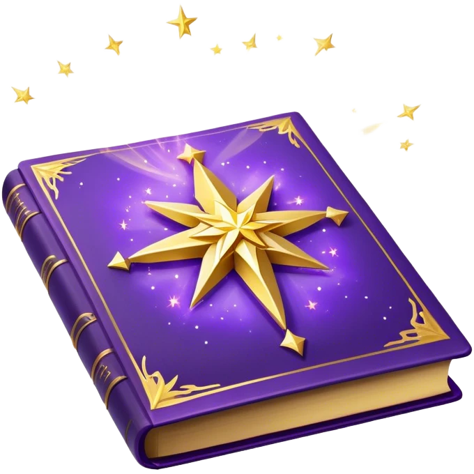 A **violet, glowing book** with **golden edges**, floating with **sparkles and magical wisps** around it. The cover features a **golden starburst sigil**, symbolizing charm and radiance. ✨📖 emoji