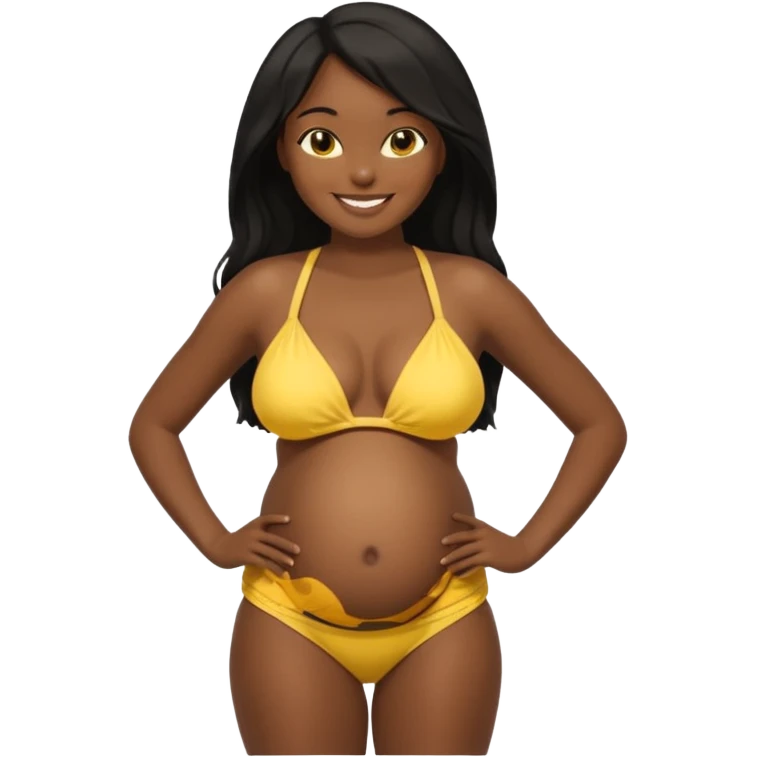 Dark skin african black girl long black hair, yellow bikini top, smiling, bare midriff, brown eyes, large round pregnant belly, yellow bikini bottoms, side view emoji