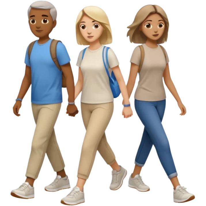iOS emoji style - a men and 2 women in casual clothes and wearing trainers. Walking in the same direction quickly together. 
Not holding hands. No backpacks. 
 emoji