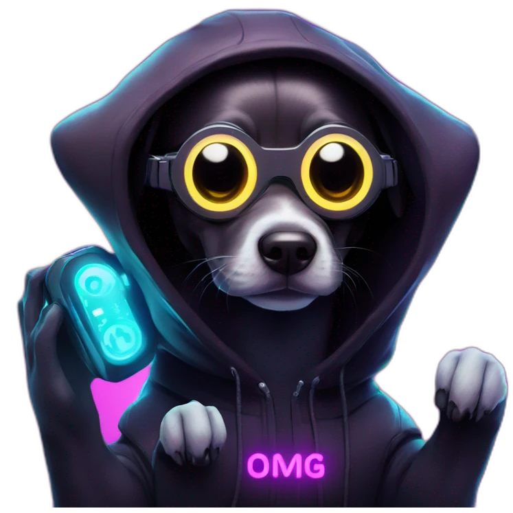 funny dog wearing a black hoodie with "OMG" letters on it and VR headset in a cyberpunk VR environment with violet neon lighting. emoji