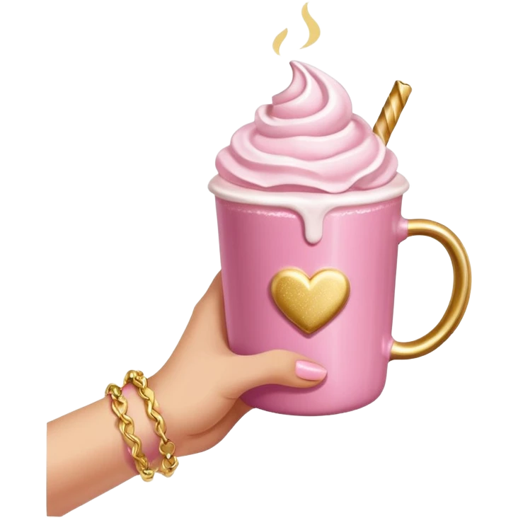 Chocolate caliente rosa con nata y brillos una mano sosteniéndolo con pulseras doradas emoji