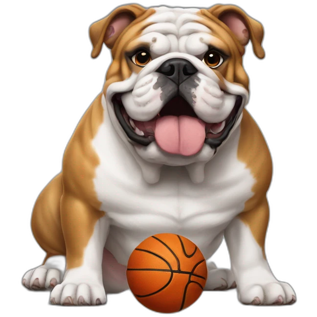 English bulldog with a basketball ball placed between it's forward paws emoji