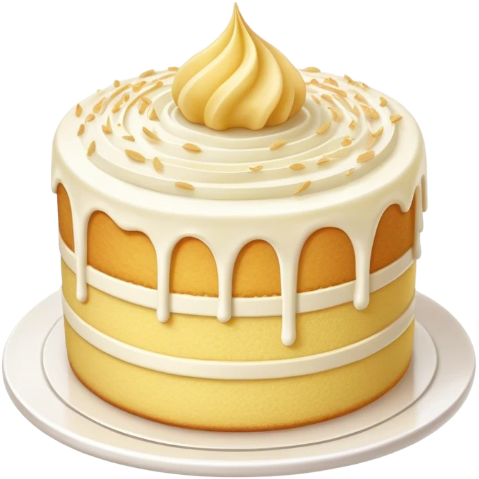 Cinematic Realistic Simple Vanilla Cake, a perfectly baked golden sponge with soft, airy layers, delicate vanilla frosting smoothly spread across the top, tiny flecks of vanilla bean visible, warm golden lighting creating depth, glowing with a sweet, irresistible charm. emoji