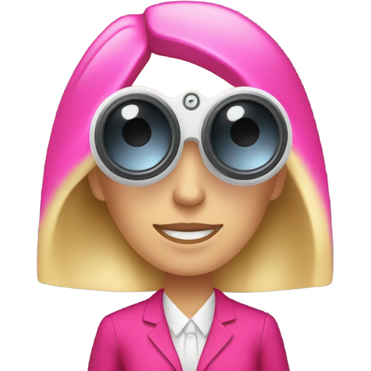white female employee with loose blonde hair wearing intensive color pink suit looking in binoculars emoji
