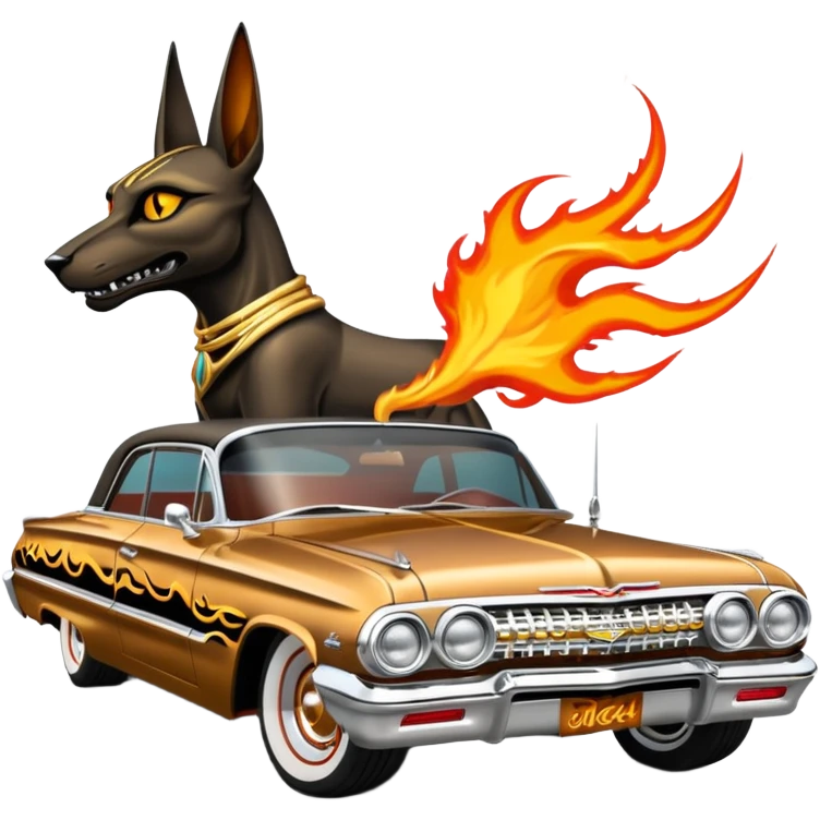 Satans Hot rod custom 1964 impala low rider four door Anubis themed painted hood flaming side-mounted chrome exhaust pipes driving straight to hell  emoji