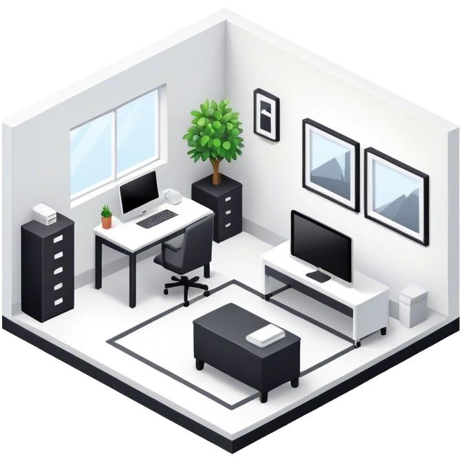 An isometric 3D room with two white walls that meet at the back left and right and a single Window. Black and White Home Office Room emoji