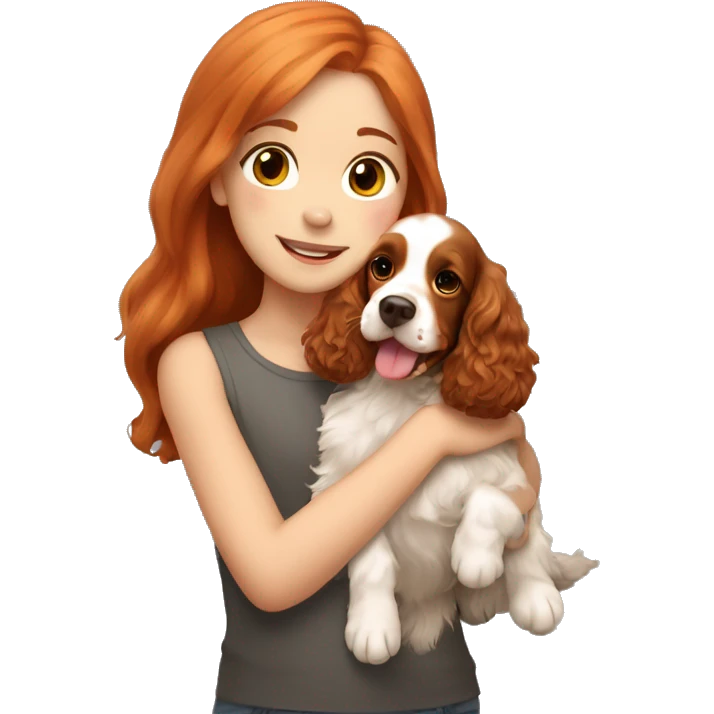 A very cute girl with red hair cuddling a happy light brown happy English Cocker Spaniel. emoji