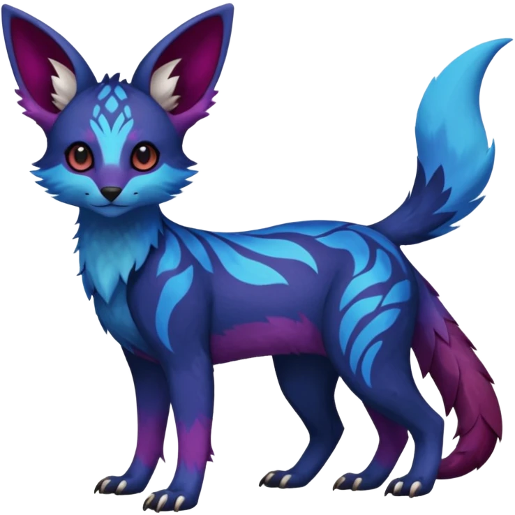 Feral Rare realistic edgy black-blue-burgundy-violet-gradients pretty beautiful handsome gorgeous aesthetic colorful vibrant Vernid-Trico-species-Fakemon-creature by LiLaiRa, random markings, tufted ears, full body emoji