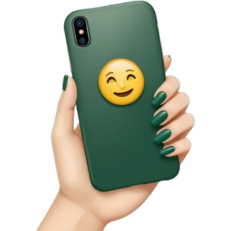 white iPhone in dark green case, back view, female hand with nude manicure holding the phone, emoji style emoji