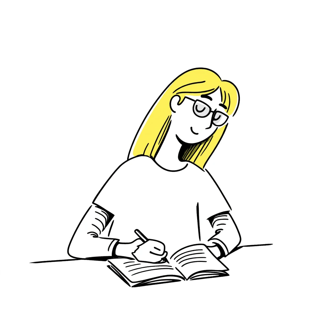blonde woman wearing glasses, writing in a notebook emoji