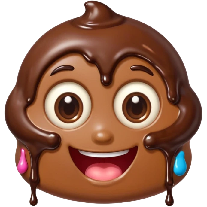 Funny cartoon chocolate mini pastry, crazy wide eyes, messy chocolate dripping, smiling distorted face, chibi style, Twitch emoji style, transparent background, colorful emoji