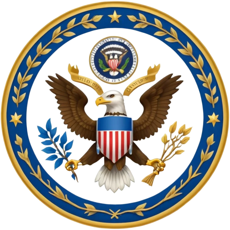 Seal of the office of the President of the United States with eagle in the center holding vines and arrows the seal is blue with gold outline emoji