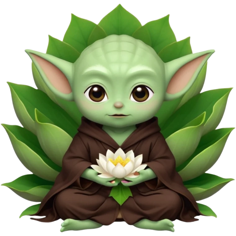 Baby Yoda con su tunica chocolate oscuro sentado dentro de una flor de loto emoji