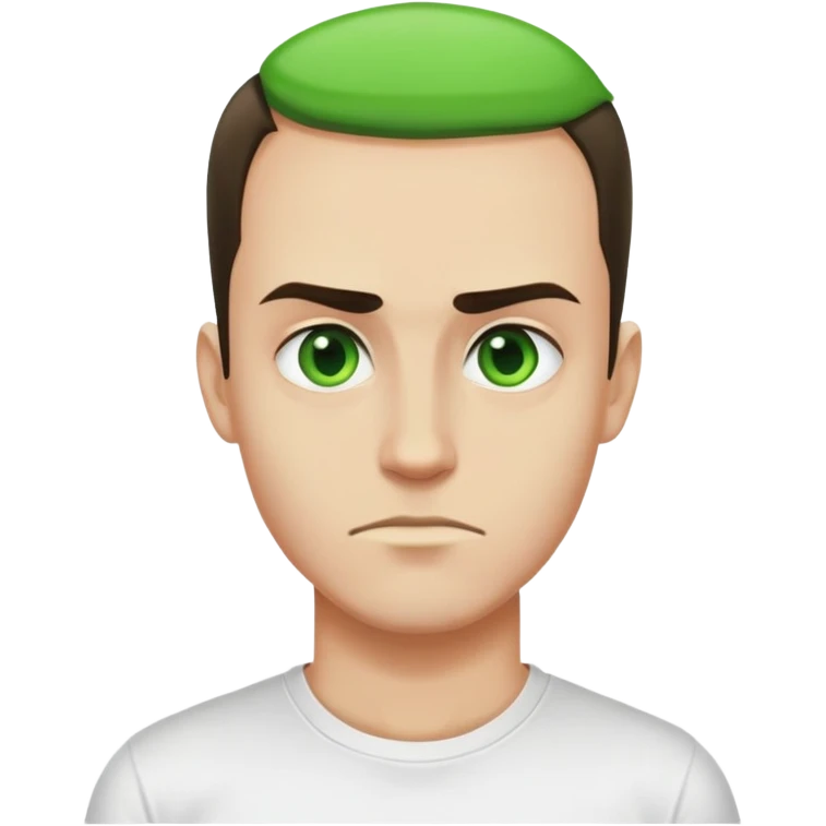 A guy that has a green forhead wearing a white t-shirt with a big black M on the t-shirt  emoji
