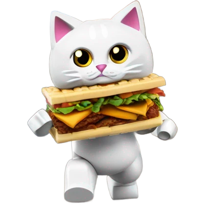 A cat made out of Lego has stolen a döner kebab and is being chased down the street by Donald trump emoji