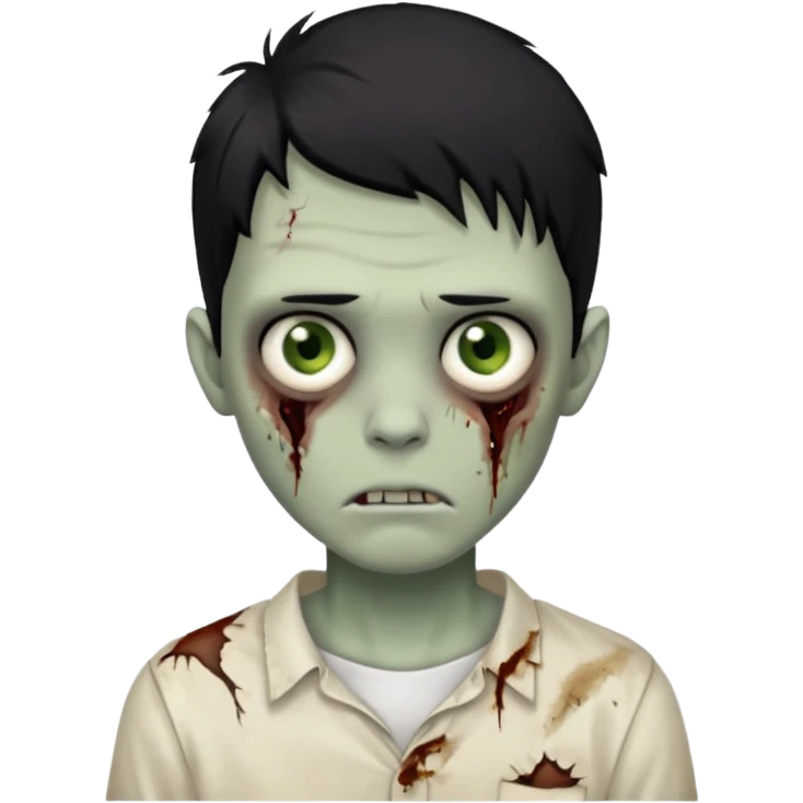 um garoto zombie de cabelo preto, com olhos castanhos esverdeados de camisa branca. emoji