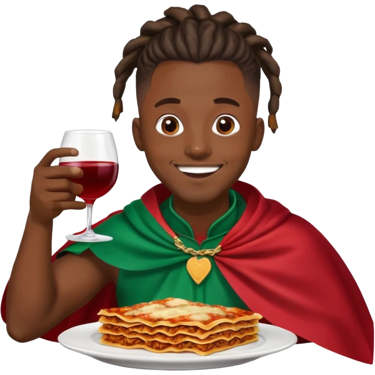  High fade ponytail dreadlock male black hair dark skin smiling and nigerian cape eating lasagna and wine  emoji