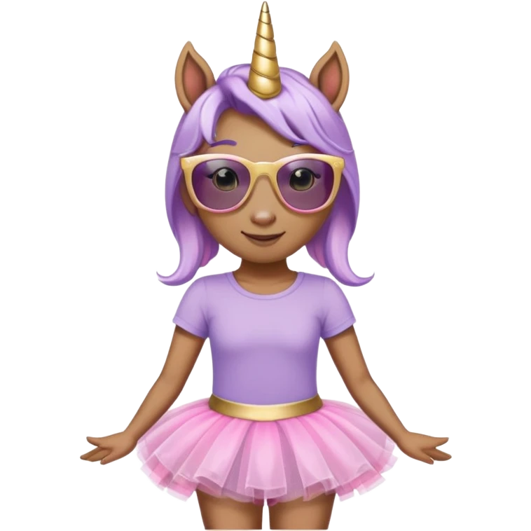 head and shoulders portrait of a friendly anthropomorphised female unicorn in tutu and pink t-shirt, wearing dark sunglasses, lavender and gold color scheme emoji