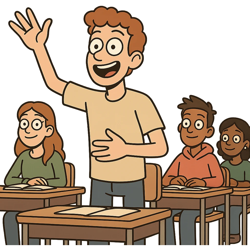 lively character standing up in class, confidently answering a question, with classmates in the background, friendly and inviting style emoji
